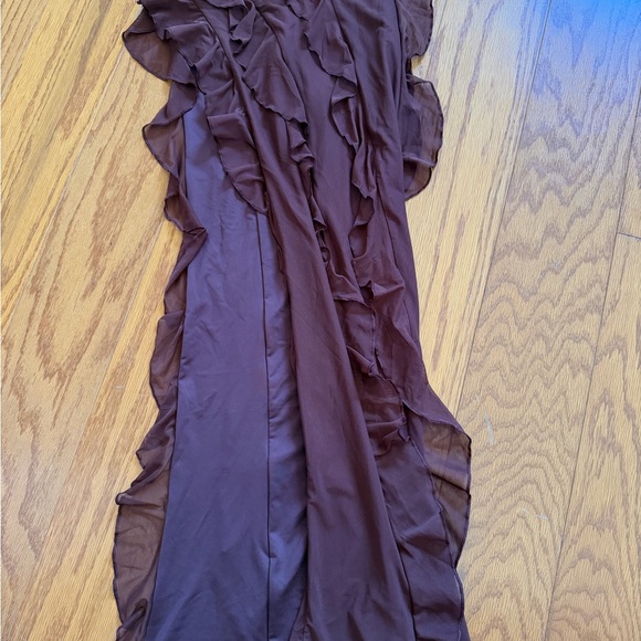 New Oh Polly Strapless Nevali Bandeau Ruffle Detail Chocolate Brown Dress 2 - Picture 13 of 16